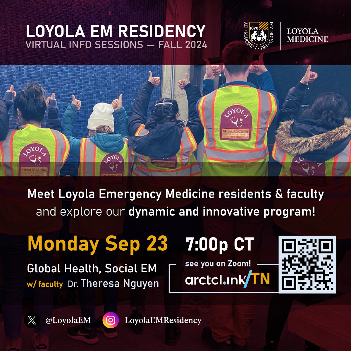 LoyolaEM (@loyolaem) on Twitter photo Join us TOMORROW 9/23 at 7pm CST for our second info session of the year with Dr. Nguyen! We'll be discussing social issues in Emergency Medicine and <a href="/LoyolaStreetMed/">Loyola Street Medicine</a>.
Register Now: arctcl.ink/TN Join us TOMORROW 9/23 at 7pm CST for our second info session of the year with Dr. Nguyen! We'll be discussing social issues in Emergency Medicine and <a href="/LoyolaStreetMed/">Loyola Street Medicine</a>.
Register Now: arctcl.ink/TN