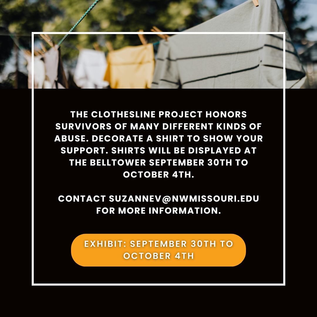 NW_Wellness's tweet photo. Join us tomorrow from 11AM - 1PM outside of the Student Union to decorate a t-shirt to contribute towards our annual Clothesline Project!
This event honors survivors of many forms of abuse and highlights their stories. 
Supplies will be provided and we hope to see you there! https://t.co/uLVQmwCFCn