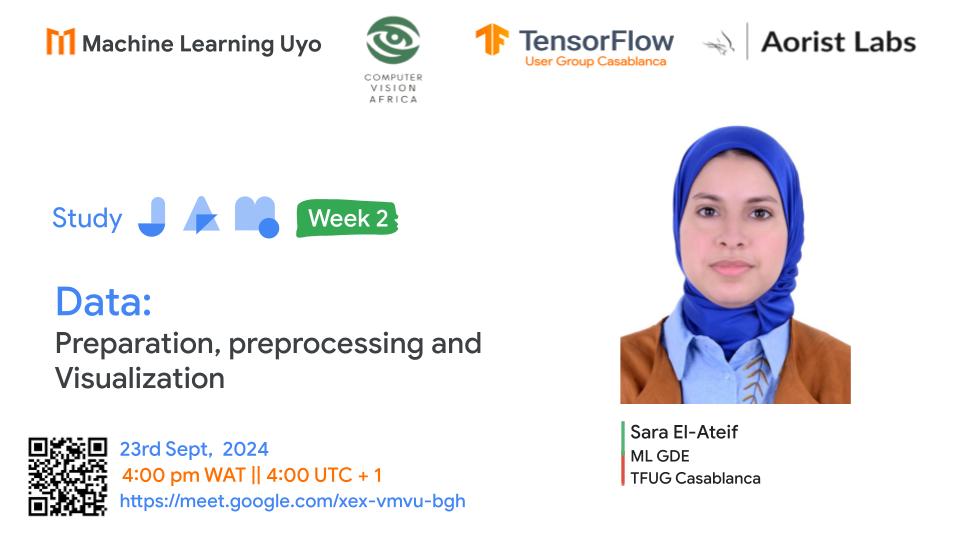 TFUGUyo's tweet photo. Week 2 of the Ml study Jams,  #MLUyo. Starting out this week, session 4: Data: Data Preparation, Data Preprocessing, Data Visualization. @el_ateifSara , PhD, we'll delve into the crucial aspect of data preparation for machine learning
#MLStudyJam #mlstudyjamsmachinelearninguyo https://t.co/PnElxtiHXv