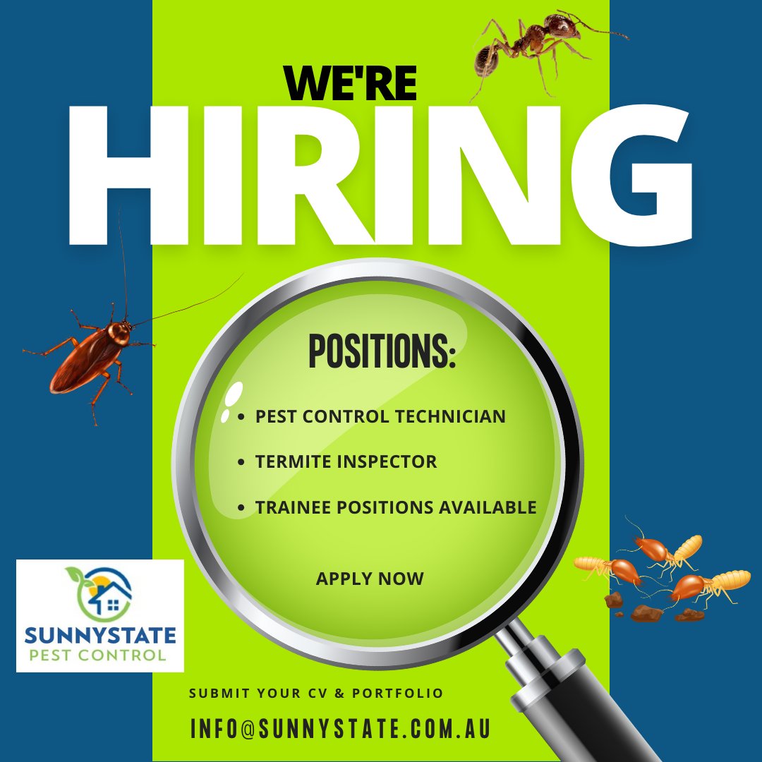 sunnystatepc's tweet image. #PositionsAvailable #PestController #TermiteInspector #Brisbane - Send resume to info@sunnystate.com.au