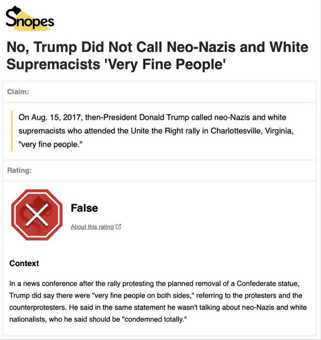 TheRabbitHole's tweet photo. @elonmusk @realDonaldTrump Trump: You also had people that were very fine people, on both sides. 

Also Trump in the same speech: I'm not talking about the neo-Nazis and the white nationalists, because they should be condemned totally. https://t.co/rUCZUMrfjQ