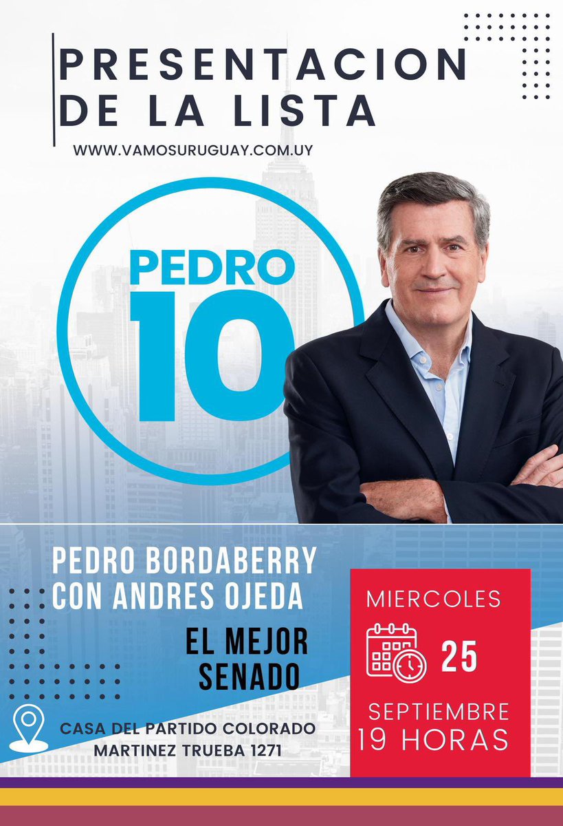 Este miércoles en casa del <a href="/PartidoColorado/">Partido Colorado</a>, no podes faltar, se presenta la 10, la lista de <a href="/PedroBordaberry/">Pedro Bordaberry</a> con <a href="/AndresOjedaOk/">Andrés Ojeda</a>. 

Vamos Uruguay!