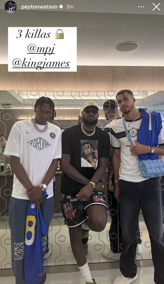 Peyton Watson, LeBron James, Michael Porter Jr. at today’s Rams game in Los Angeles.