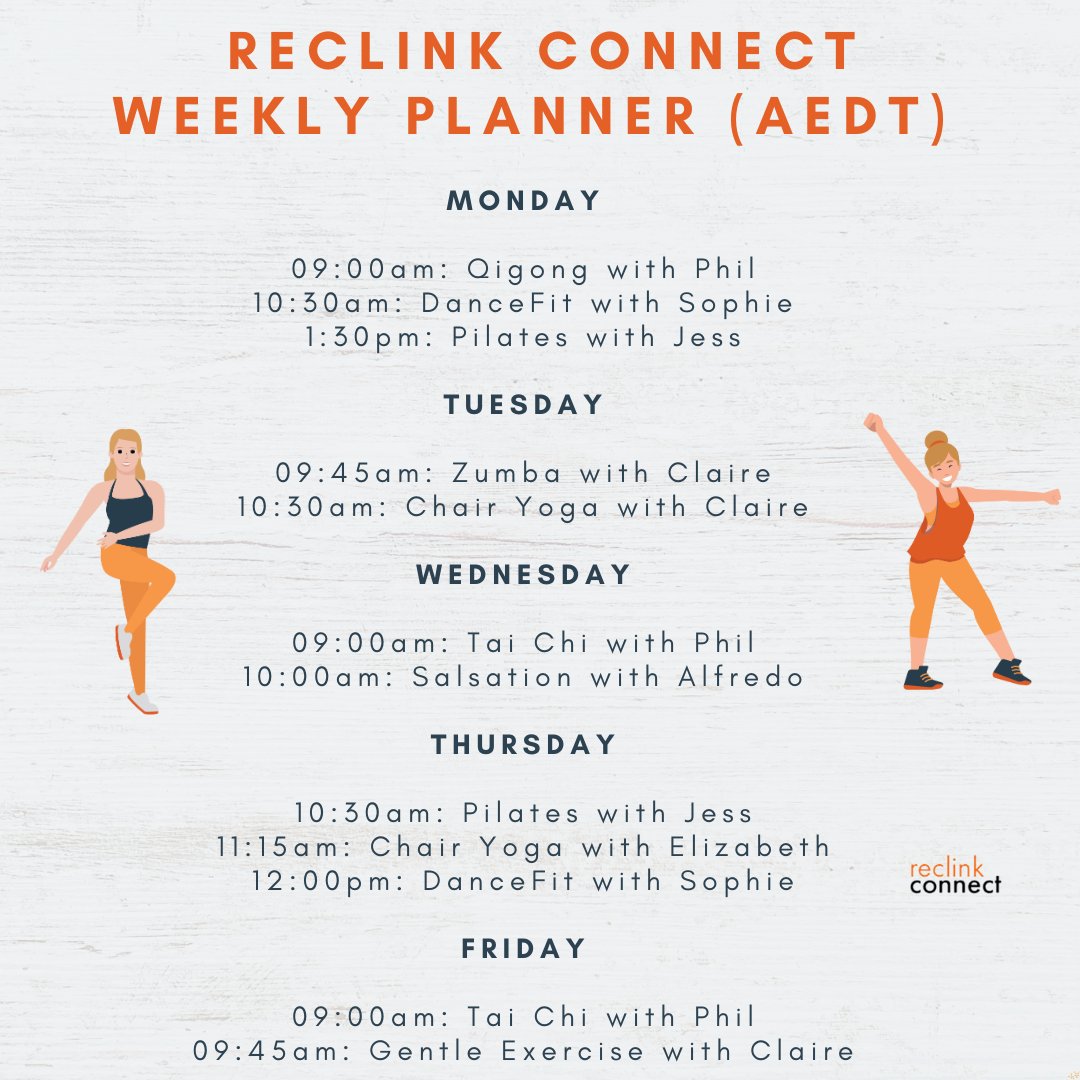 Reclink Australia (@reclinkaus) on Twitter photo RECLINK CONNECT π» - WEEKLY PLANNER
Another week with another fantastic range of sessions for everyone to enjoy! π
Contact reclink.connect@reclink.org for the Zoom links. RECLINK CONNECT π» - WEEKLY PLANNER
Another week with another fantastic range of sessions for everyone to enjoy! π
Contact reclink.connect@reclink.org for the Zoom links.
