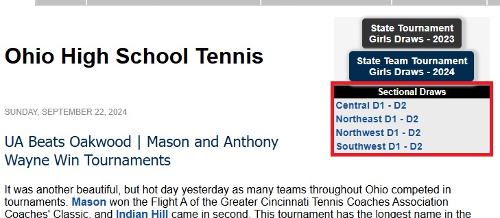 Next up are the Central District Draws. Who's playing dubs and singles? (You really need to know this.) UA #1 is the Super-Sectional for D1 singles this season. Click for knowledge. ohiotenniszone.com