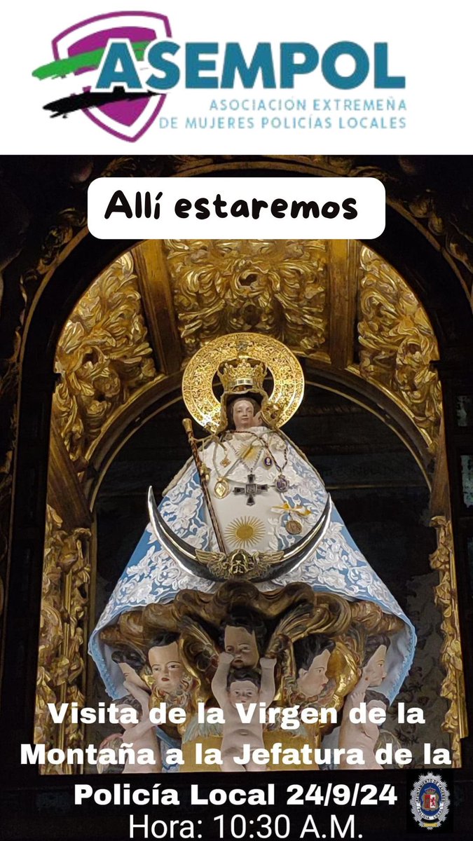 Mañana estaremos en la Jefatura de Policía Local de Cáceres acompañando a la
Virgen de la Montaña... Todas las socias que quieran pueden ir a acompañarnos....