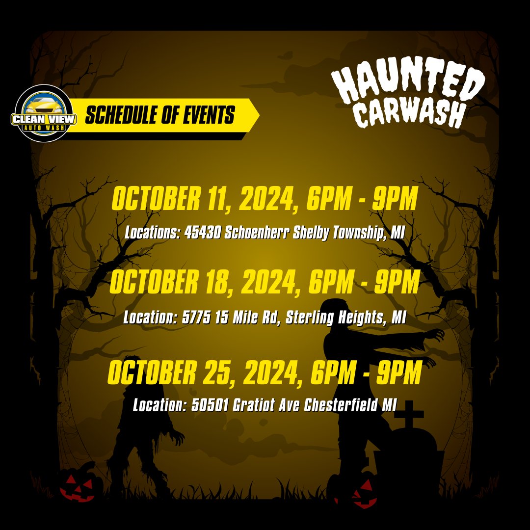 cleanviewauto's tweet image. Our Haunted Carwash is back and scarier than ever! Join us for a haunted ride full of thrills

Swipe for the dates and locations

Don't miss out on the most terrifyingly fun wash of your life! 🚗💀 #HauntedCarWash #CleanViewAutoWash #