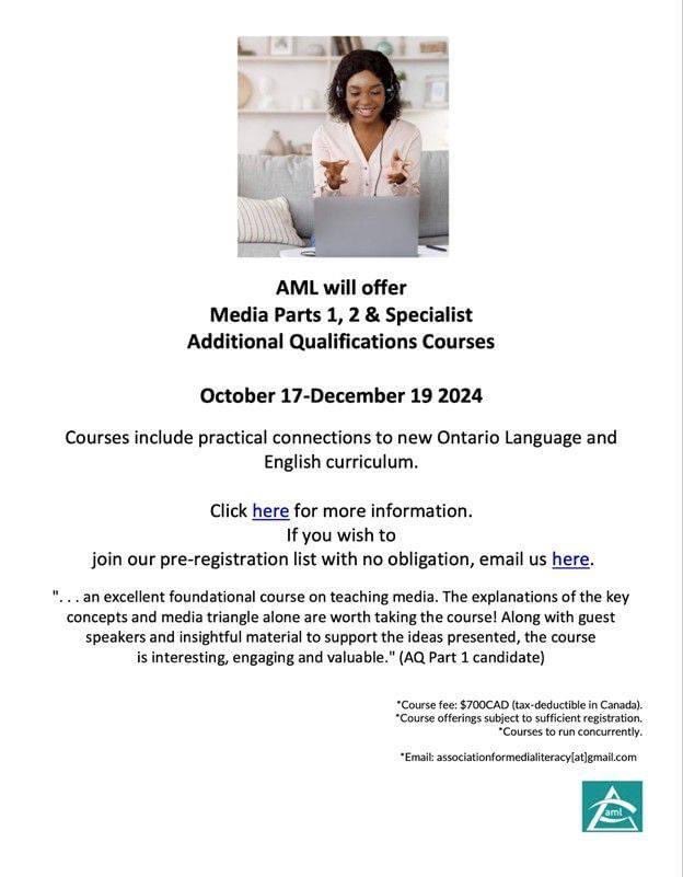 Media Literacy Asoc4 (@a_m_l_) on Twitter photo We are pleased to announce weโre offering all 3 #MediaStudies AQ courses (1, 2, & Specialist) again this year, for 10 weeks beginning October 17, 2024. Spots are filling up fast. Visit t.ly/7Wrnd or email associationformedialiteracy@gmail.com for more info. #OntEd We are pleased to announce weโre offering all 3 #MediaStudies AQ courses (1, 2, & Specialist) again this year, for 10 weeks beginning October 17, 2024. Spots are filling up fast. Visit t.ly/7Wrnd or email associationformedialiteracy@gmail.com for more info. #OntEd
