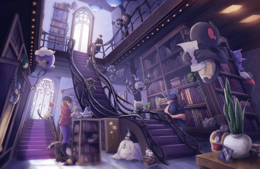 penguinattacksT's tweet photo. It's finally here. All 67+ hours worth of blood sweat and tears. The Ghost Library just in time for Halloween.

#pokemon #ghost #dark #yamask #greavard #sableeye #dayinthelifeofpokemon #sliceoflife #drifloon #chandelure #duskull #lavendertown #cubone #greninja #haunter #murkrow https://t.co/Yj69PGvsgB
