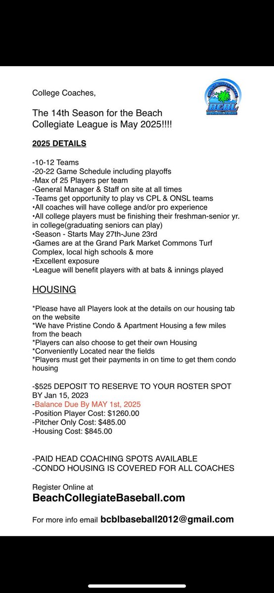 Currently looking for players for the upcoming summer season! A league for those who love baseball

 1 Month League
5-7 games a week
Vacation Hot Spot
Lots of innings/ABs

Reach out to me or <a href="/kobybubash/">Koby Bubash</a> if interested! @BCBL2025 <a href="/Minletlongboard/">Murrells Inlet Longboards</a>