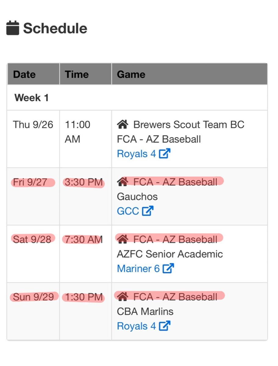 Here is my schedule for the upcoming  <a href="/AZFallClassic/">AZ Fall Classic</a> 2025 games playing for <a href="/AZFCABaseball/">FCA Baseball Arizona</a> . I'll be pitching and playing 1B/3B (jersey #43).