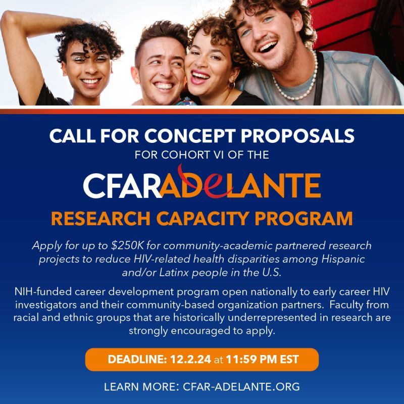 FUNDING Opp: If you are an early-stage investigator interested in #HIV #research among #Latinx communities, please join us TOMORROW, Monday, September 23rd, at 3:30pm EST for a webinar on the NIH-funded CFAR Adelante Program. Register for the webinar here: lnkd.in/eJ9aNFfw