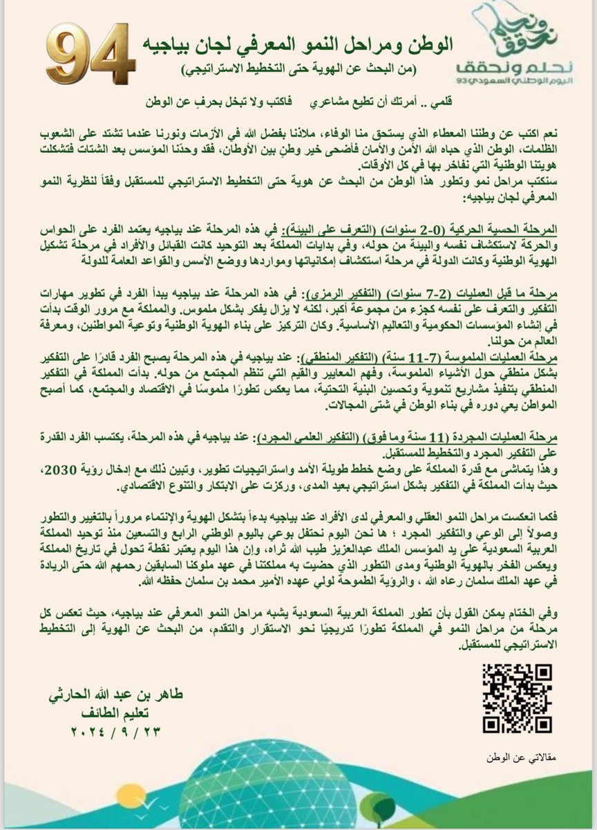#نحلم_ونحقق94 #رؤية_السعودية2030 #SaudiVision2030

 الوطن ومراحل النمو المعرفي لجان بياجيه
( من البحث عن الهوية حتى التخطيط الاستراتيجي)
