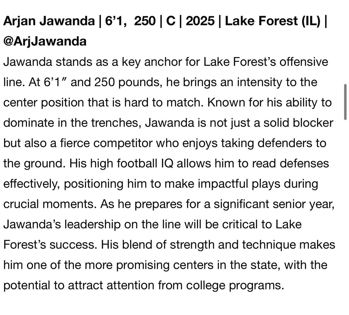 Arjan Jawanda (@arjjawanda) on Twitter photo Thank you <a href="/6starfootballIL/">Six Star Football | ILLINOIS</a> for the write up!
<a href="/OLMafia/">OL MAFIA</a> <a href="/scoutsfootball1/">Go Scouts Football</a> <a href="/LFHS_Scouts/">Lake Forest HS Athletics</a> Thank you <a href="/6starfootballIL/">Six Star Football | ILLINOIS</a> for the write up!
<a href="/OLMafia/">OL MAFIA</a> <a href="/scoutsfootball1/">Go Scouts Football</a> <a href="/LFHS_Scouts/">Lake Forest HS Athletics</a>