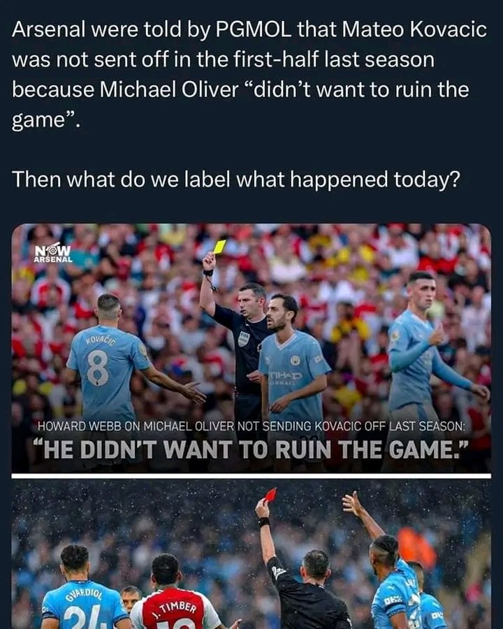 ArixonFormulae's tweet photo. @premierleague i thought that Oliver is the best referee in the league but he has just proved me that he is like others due to the statement he made last season of not sending kovacic off the pitch because of the horror tackle he made on odegaard saying that he never wanted to ruin the game https://t.co/3o0FQNUPHv