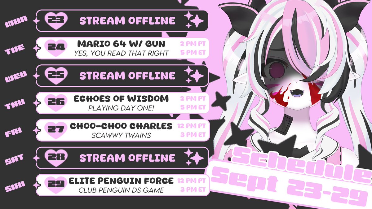 JesterWonderpop's tweet photo. Our first streaming schedule!!!
September 23-29 #JesterWorks
🩷 Mario 64 w/ a gun 2pm PT
🖤 Echoes of Wisdom (DAY ONE) 2pm PT
🤍 Choo-Choo Charles 12pm PT
❤️🩹 Club Penguin: Elite Penguin Force 12pm PT https://t.co/ZVgfRK9xgk