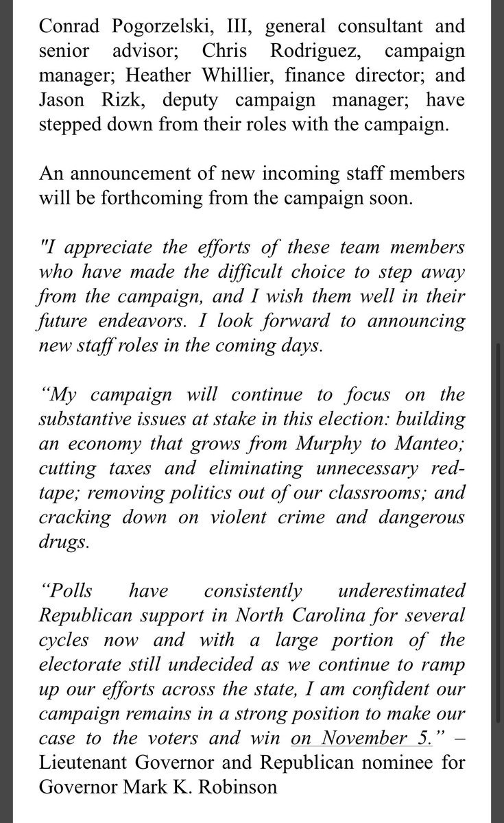 Big Mark Robinson campaign shakeup

Conrad Pogorzelski, III, general consultant and senior advisor; Chris Rodriguez, campaign manager; Heather Whillier, finance director; and Jason Rizk, deputy campaign manager; have stepped down from their roles with the campaign #ncpol