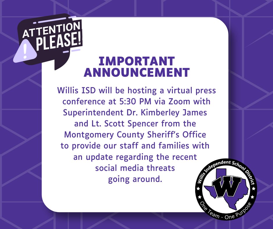 🔔 IMPORTANT ANNOUNCEMENT 🔔

Today at 5:30 p.m., we will host a virtual press conference with Superintendent Dr. Kimberley James and Lt. Scott Spencer from the Montgomery County Sheriff's Office to provide our staff and families with an update regarding the recent social media