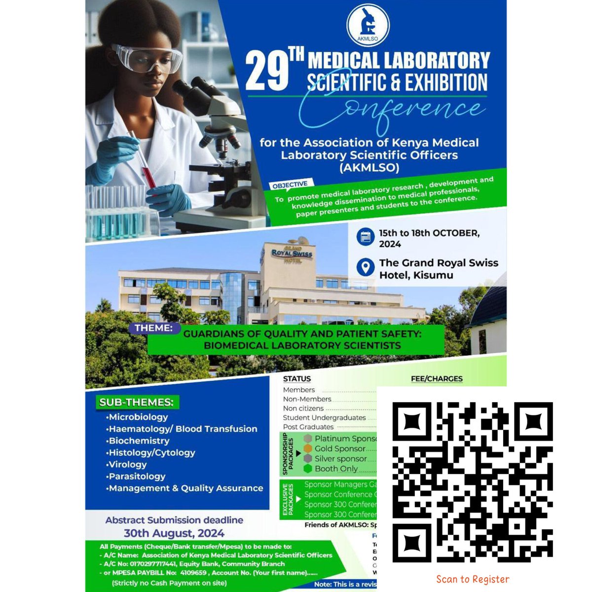 Maseno_MLSSA's tweet photo. The 29th Annual Scientific Conference is fast approaching. In 41 DAYS all roads lead to The Grand Swiss Hotel, Kisumu. Have you registered yet? Hurry up.
CPD points will be awarded.
Please follow the link below to Register..

https://t.co/uWOObyJYal https://t.co/QHezKbhbP1