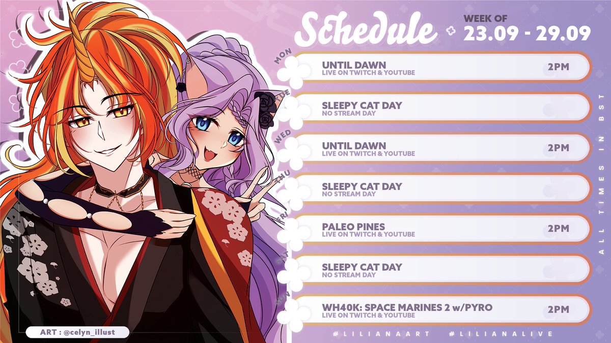 RogueLiliana's tweet photo. 🌸Weekly Schedule 🌸

👻 It's spooky Games all year round in my kingdom 👻

✨Mon & Wed - playing Until Dawn for the 1st time
✨Fri - diving into Paleo Pines for the Spooky DLC launch
✨Sun - things go pew pew with @PyroninKiwano in Space Marines 2

#Pyroaming #LilianaLive