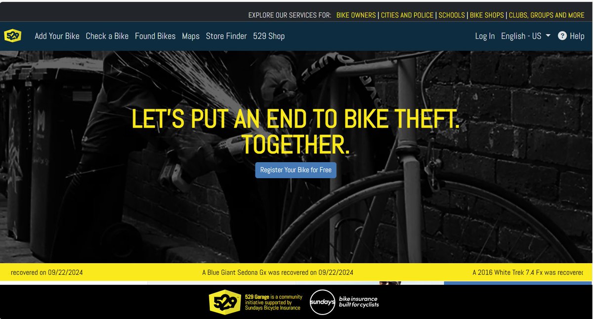 MarksGonePublic's tweet image. I have had my bike for 39 years! Project 529 is a bike registration system that helps deter theft and recover stolen bikes. Register your bike with 529 Garage, report it if stolen, and the community can help you track it down. #BikeSafety #Project529
#endbiketheft…