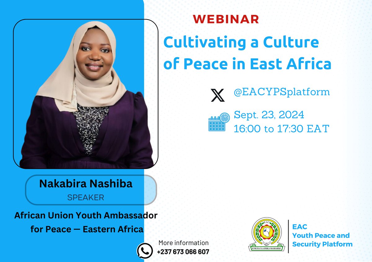 #3 Panelist  <a href="/SNakabira/">Nashiba Nakabira</a>, African Union Youth Ambassador for Peace—Eastern African. At 4pm EAT we are going live on X Space. #InternationalPeaceDay ,
<a href="/jumuiya/">East African Community</a> <a href="/eacyap/">EACYouth Ambassadors</a> @eacyouthnetwork