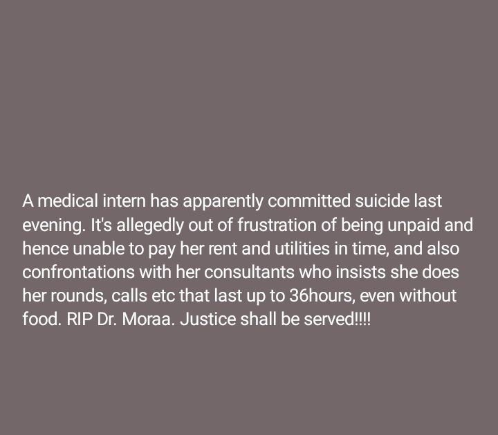 Some heartbreaking news here 💔. We've lost one of our colleagues who died by suicide. Very sad that we are losing young doctors because of hardships imposed on them by the MOH's failure to follow the CBA and also the ruthlessness of senior doctors. After 26th Sept tukona nyinyi!
