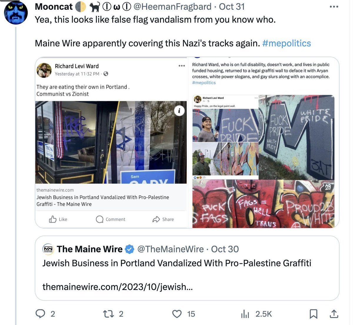 HeemanFragbard's tweet photo. Wow, lightning strikes twice!

Just so everyone knows, the Maine Wire has a history of working with shady people to push false flags. 
#mepolitics https://t.co/bBIOu38SaM