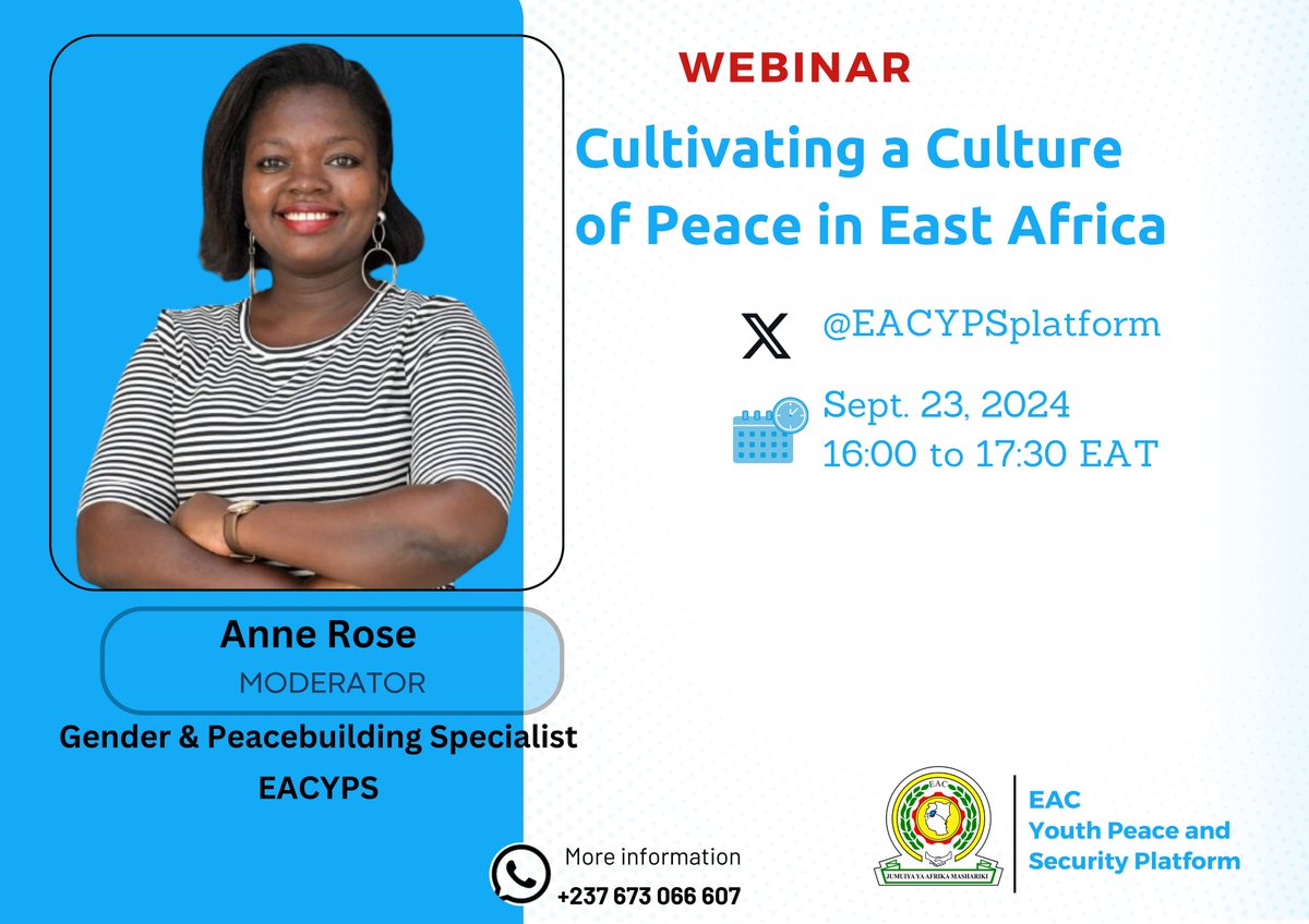 Ms. #AnneRose will moderate the discussions. Join us and keep time. At 4:00 pm EAT we are going live on X Space. #InternationalPeaceDay,<a href="/jumuiya/">East African Community</a>, <a href="/eacyap/">EACYouth Ambassadors</a> @eacyouthnetwork <a href="/candybaibe170/">Anne Maua 🇰🇪</a>