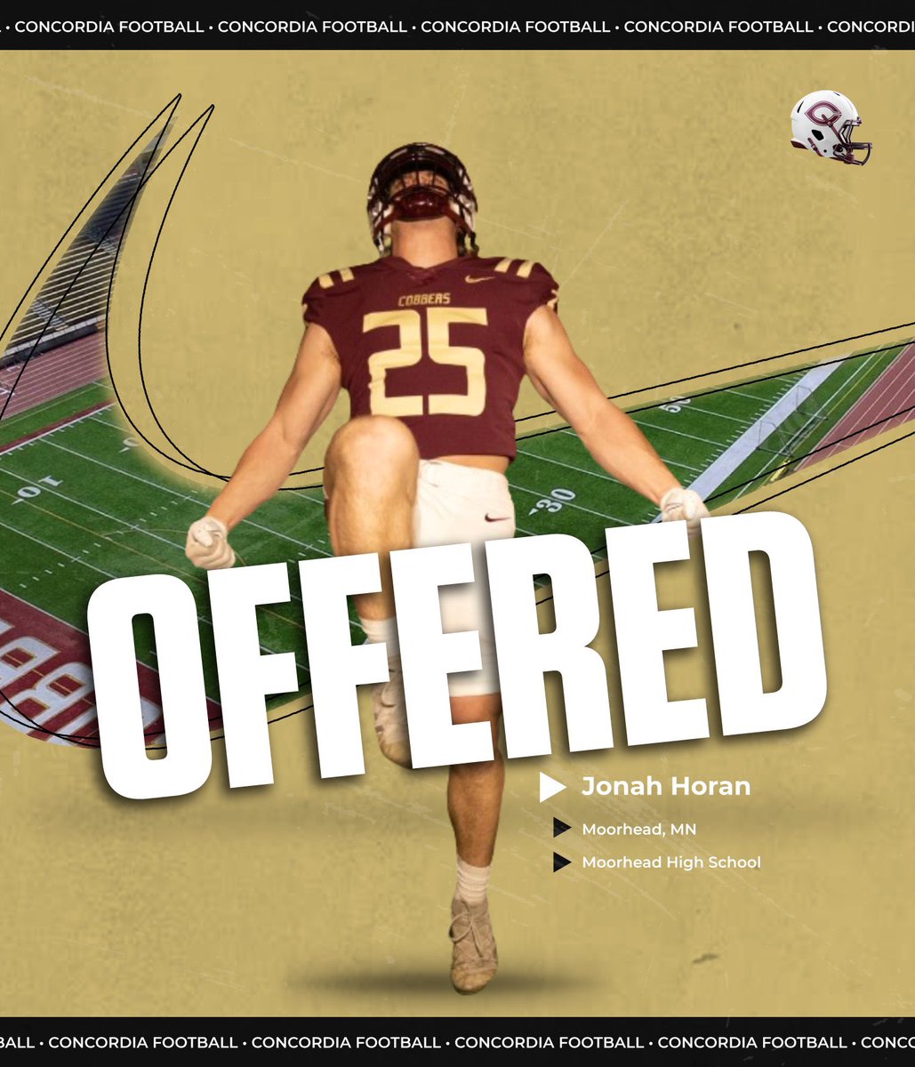 After a great call with <a href="/CoachTerryHoran/">Terry Horan</a> I am proud to say that I have received my first offer to play at the next level! <a href="/Cobber_Football/">Cobber Football</a> <a href="/MHDspudFootball/">MoorheadSpudFootball</a>