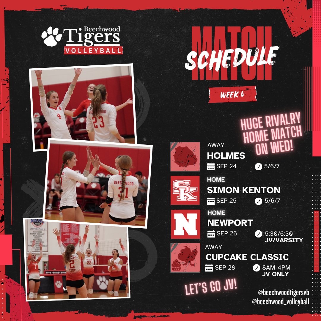 BeechwoodVB's tweet photo. Week 6 is BIG! ๐๐ฅ
Join us Wednesday for a rivalry showdown vs. Simon Kenton at 5 PM, 6 PM & 7 PM. Let's pack the Den! ๐พ
Plus, cheer on JV at the Cupcake Classic at Highlands this Saturday! ๐ง๐
#LetsGoTigers #FillTheDen #CupcakeClassic https://t.co/slebY9OxB9