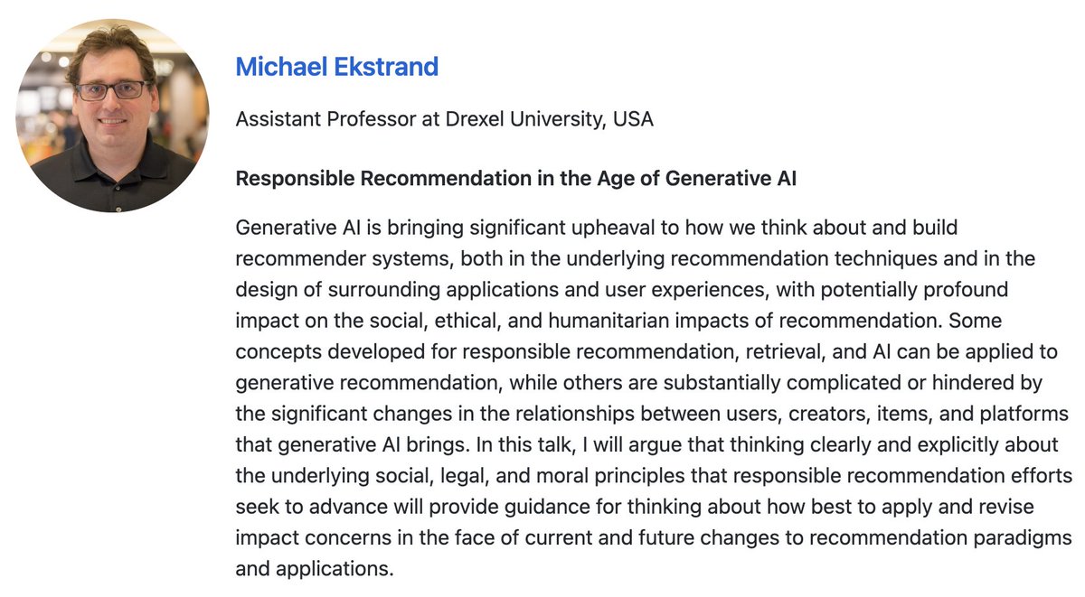 DavenCheung's tweet image. Don’t miss these cutting-edge talks at #ROEGEN of RecSys@2024 (Oct 8) featuring top researchers from industry and academia. Topics include alignment, scaling laws, evaluation, responsible AI, hybrid methods, etc. for #RecSys in the age of #GenAI.  roegen-recsys2024.github.io.
