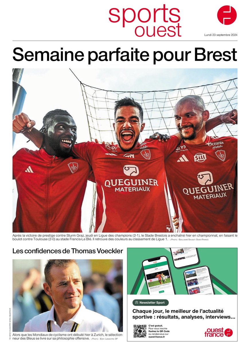 🗞️Demain à la Une du cahier sports de <a href="/OuestFrance29/">Ouest-France 29</a> <a href="/sports_ouest/">Ouest-France Sports</a> 📸