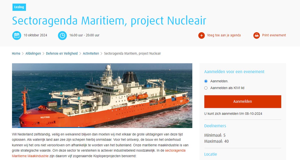 Samen met de  <a href="/IMarEST/">IMarEST</a> organiseert KIVI DV op 10 oktober tussen 15.45 en 20 h een mini-symposium over de #sectoragenda Maritiem in het algemeen en het koploperproject '#nucleaire voorstuwing van schepen' in het bijzonder. Locatie: <a href="/tudelft/">TU Delft</a>. <a href="/MaritiemNL/">Maritiem Nederland</a> <a href="/marineschepen/">Marineschepen</a> <a href="/kon_marine/">Koninklijke Marine</a>