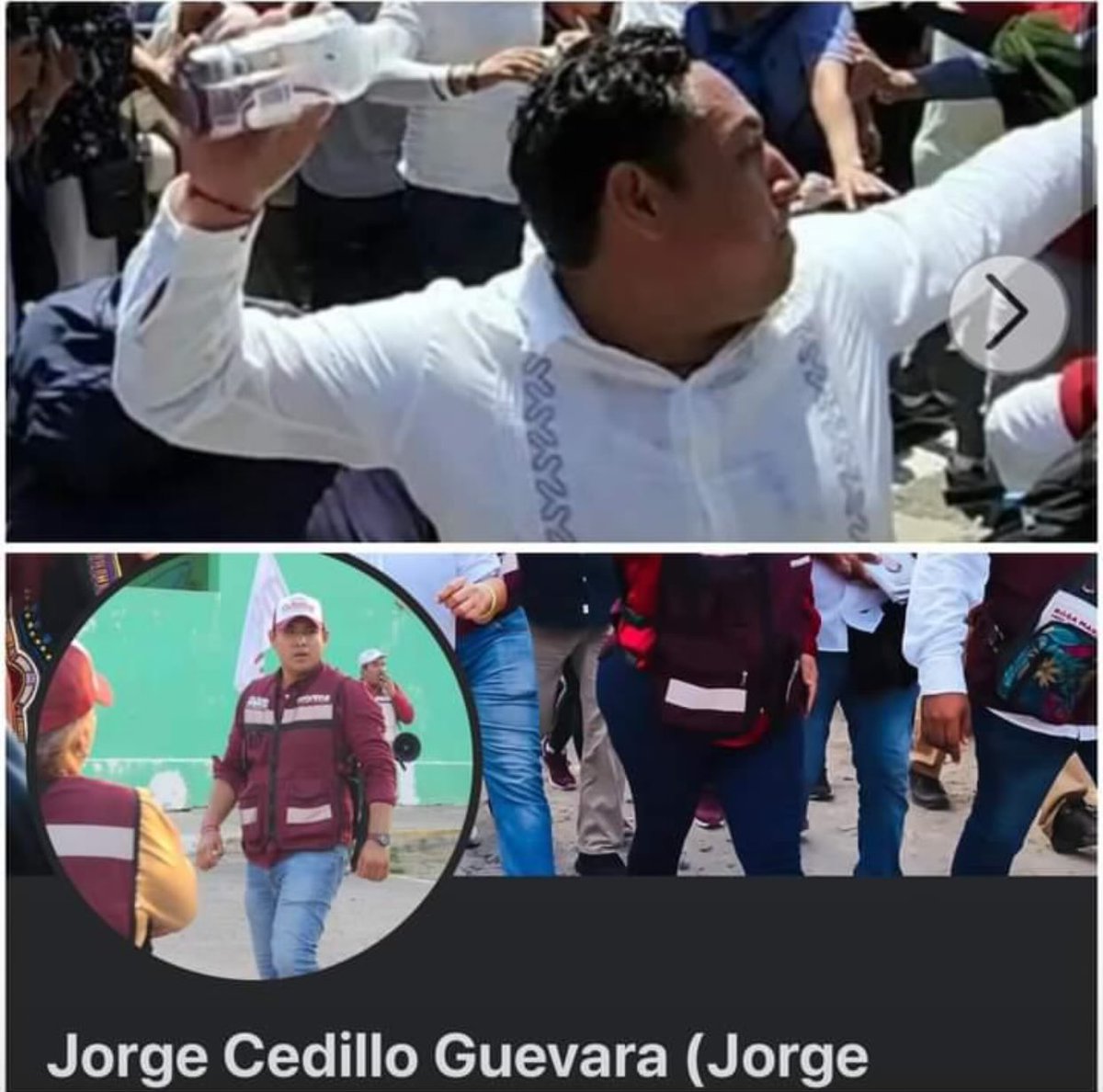 CarlosArteagaTo's tweet photo. Quien le aventó la botella de agua al presidente en Veracruz no era trabajador del PJF sino un militante del propio partido oficial: Jorge Cedillo Guevara. https://t.co/Eti9kk6199