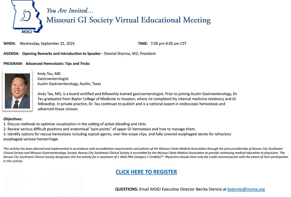 Rajiv Chhabra, MD, MRCP(UK), FACG (@chhabra_rajiv) on Twitter photo Please register for excellent upcoming virtual CME by Andy tau <a href="/DrBloodandGuts/">Andy Tau, MD</a>
on 9/25/24. Missouri GI Society meeting missourigi.org/gimeetings
<a href="/MOGISociety/">Missouri GI Society</a>
<a href="/AmCollegeGastro/">ACG</a>
<a href="/GIdoc_Sharma/">Sheetal Sharma MD, FACG</a>
<a href="/DaynaEarly/">Dayna Early</a>
<a href="/JWangMD/">Jean Wang, MD</a>
<a href="/CHRISTINESTL123/">CHRISTINE HACHEM</a>
@GIMotilityMD
#MOGI
us02web.zoom.us/meeting/regist… Please register for excellent upcoming virtual CME by Andy tau <a href="/DrBloodandGuts/">Andy Tau, MD</a>
on 9/25/24. Missouri GI Society meeting missourigi.org/gimeetings
<a href="/MOGISociety/">Missouri GI Society</a>
<a href="/AmCollegeGastro/">ACG</a>
<a href="/GIdoc_Sharma/">Sheetal Sharma MD, FACG</a>
<a href="/DaynaEarly/">Dayna Early</a>
<a href="/JWangMD/">Jean Wang, MD</a>
<a href="/CHRISTINESTL123/">CHRISTINE HACHEM</a>
@GIMotilityMD
#MOGI
us02web.zoom.us/meeting/regist…