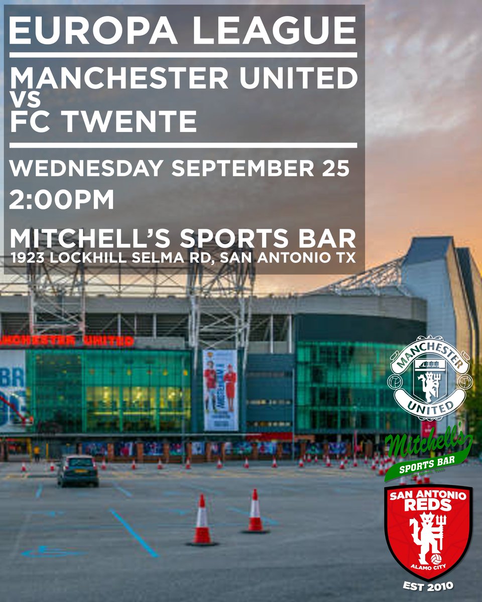 Come join the #SanAntonioReds on Wednesday at #MitchellsSportsBar in #SanAntonio #Texas for the <a href="/ManUtd/">Manchester United</a> match against <a href="/fctwente/">FC Twente</a> in the #EuropaLeague.  Kickoff at 2PM 🍻🇾🇪

Event in bio

#MUFC #SanAntonioReds #SAReds #UTFR
