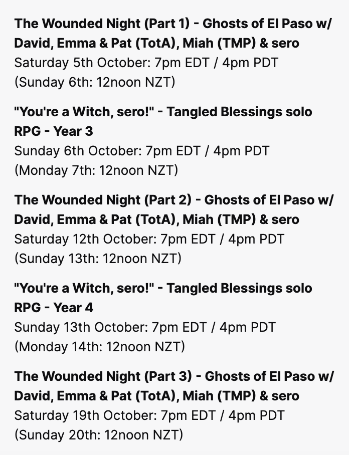 I'm taking a short break in streaming and will resume from the first weekend of October. Here's the tentative schedule, which includes Ghosts of El Paso three-shot and the last two years of Tangled Blessings!