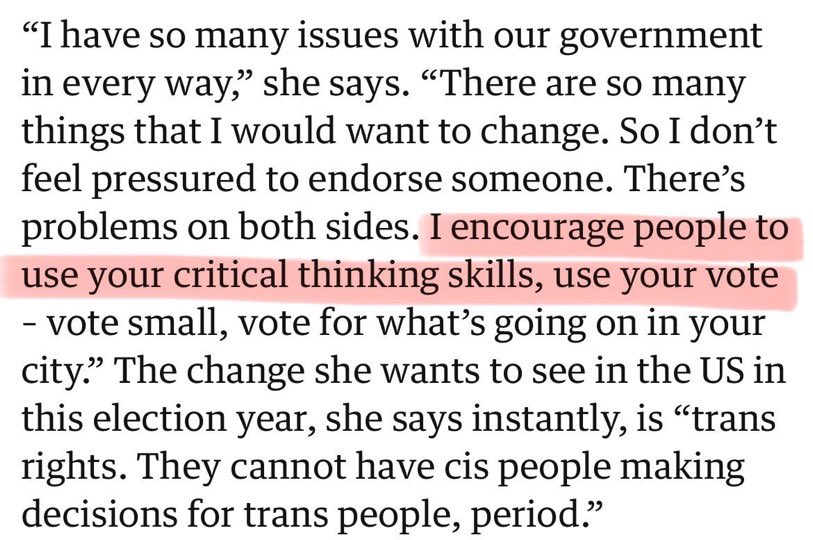 cececarpentr's tweet photo. She literally said all of this on the matter and she makes perfect sense. You can still vote blue but still criticize some of their policies it’s called nuanced thinking. And in the full quote she says “use your critical thinking skills” which means vote blue but still call out their bad politics.