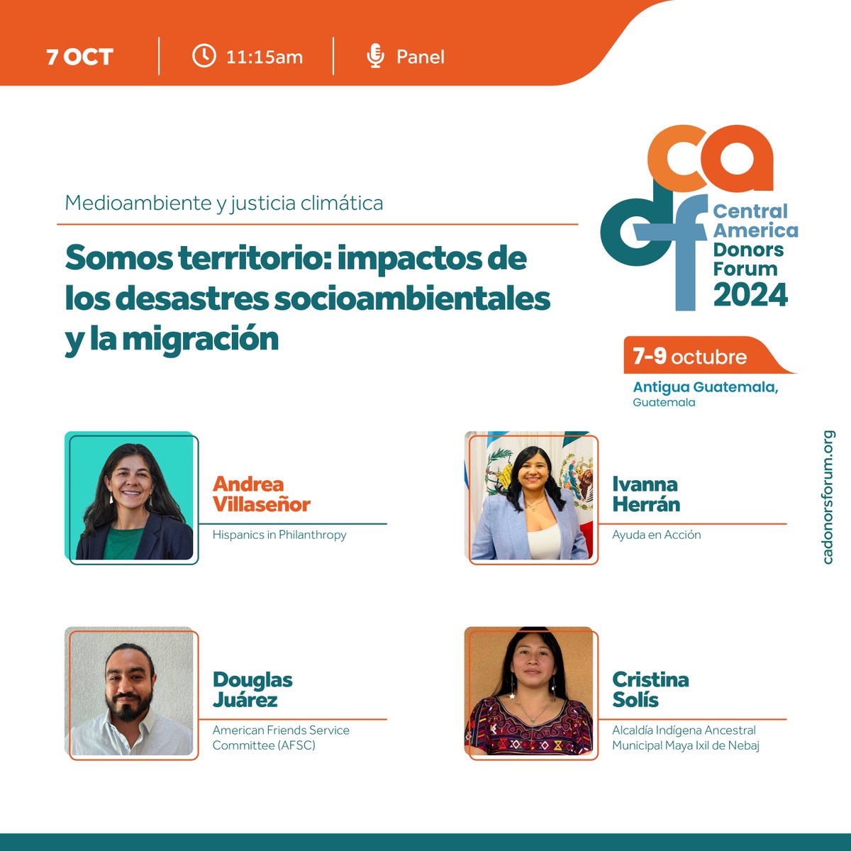 SeaIF's tweet photo. #JusticiaClimática en el #CADF2024
Panel

We Are Territory: Impacts of Socio-Environmental Disasters and Migration

📕 English Agenda: https://t.co/ZQwxrofW0y

#TransformationalPartnerships
@BeHIPGive  @IvannaBCC @Andreavillaveg @Juarez_Douglas @ayudaenaccion @afsc_org https://t.co/WYWz9BokcM