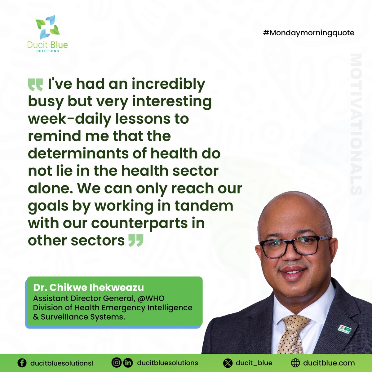 Ducit_Blue's tweet photo. Public health extends beyond the health sector. Dr. @Chikwe_I  reminds us that improving health outcomes requires collaboration with other sectors. 

From education to infrastructure, our goals can only be achieved when we work together.

#MondayMorningQuote #HealthcareInnovation https://t.co/IFOHjtkvMf