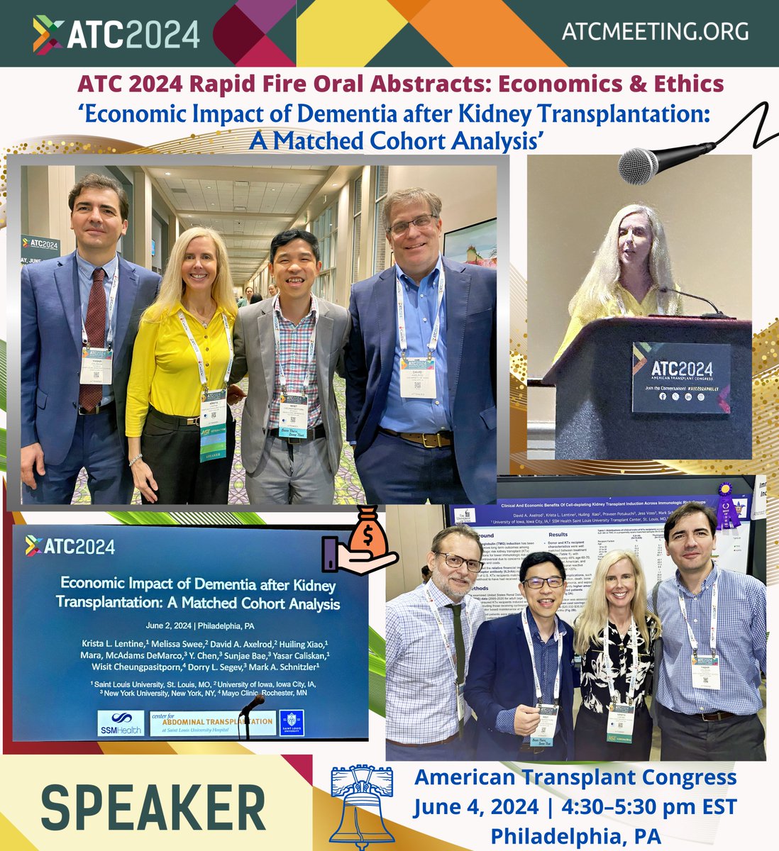Krista Lentine, MD,PhD | FASN | FAST (@kristalentine) on Twitter photo 🙏🏽@ATC_Meeting for opportunity to present ‘Economic Impact💵of Dementia after #KidneyTransplantation: A Matched Cohort Analysis’ #ATC2024Philadelphia
🤝🏽Grateful for multidisciplinary team of expert collaborators incl <a href="/wisit661/">Wisit Cheungpasitporn MD FACP | FASN | FAST</a> <a href="/yasar_caliskan/">Yasar Caliskan</a> <a href="/Dorry_Segev/">Dorry Segev</a> <a href="/SLUResearch/">SLU Research</a> <a href="/AST_info/">American Society of Transplantation (AST)</a>🙌🏾 🙏🏽@ATC_Meeting for opportunity to present ‘Economic Impact💵of Dementia after #KidneyTransplantation: A Matched Cohort Analysis’ #ATC2024Philadelphia
🤝🏽Grateful for multidisciplinary team of expert collaborators incl <a href="/wisit661/">Wisit Cheungpasitporn MD FACP | FASN | FAST</a> <a href="/yasar_caliskan/">Yasar Caliskan</a> <a href="/Dorry_Segev/">Dorry Segev</a> <a href="/SLUResearch/">SLU Research</a> <a href="/AST_info/">American Society of Transplantation (AST)</a>🙌🏾