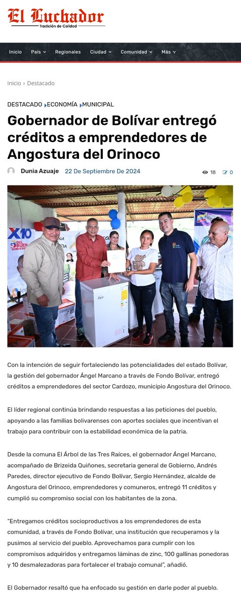 Fondo Bolívar (@fondobolivar22) on Twitter photo #EsNoticia Gobernador de Bolívar entregó créditos a emprendedores de Angostura del Orinoco
<a href="/infoelluchador/">Diario El Luchador</a> #EsNoticia Gobernador de Bolívar entregó créditos a emprendedores de Angostura del Orinoco
<a href="/infoelluchador/">Diario El Luchador</a>
