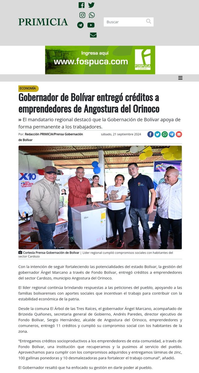 Fondo Bolívar (@fondobolivar22) on Twitter photo #EsNoticia Gobernador de Bolívar entregó créditos a emprendedores de Angostura del Orinoco
<a href="/DiarioPrimicia/">Diario Primicia</a> #EsNoticia Gobernador de Bolívar entregó créditos a emprendedores de Angostura del Orinoco
<a href="/DiarioPrimicia/">Diario Primicia</a>