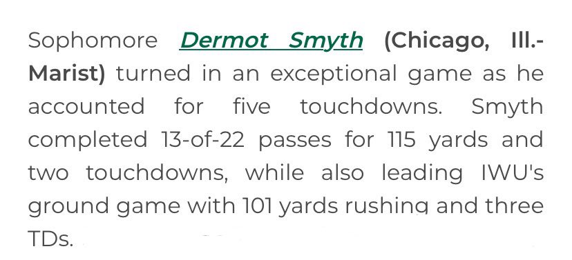 Marist Football (@redhawkfb) on Twitter photo RedHawk Football Alumni Dermot Smyth (β23) accounted for 5 Touchdowns as Illinois Wesleyan took down Elmhurst yesterday! <a href="/Dermotsmyth6/">Dermot smyth</a>
#FAMILY // #HonorGloryFame // #115th RedHawk Football Alumni Dermot Smyth (β23) accounted for 5 Touchdowns as Illinois Wesleyan took down Elmhurst yesterday! <a href="/Dermotsmyth6/">Dermot smyth</a>
#FAMILY // #HonorGloryFame // #115th