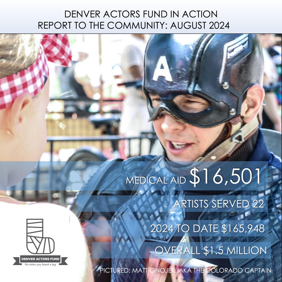 REPORT TO THE COMMUNITY: In August, <a href="/denveractorsfun/">denveractorsfund</a> surpassed $1.5 million in medical assistance to more than 600 Colorado theater artists, onstage and off. Thank you all for your incredible efforts to make what we do possible. #ThisIsHappening
