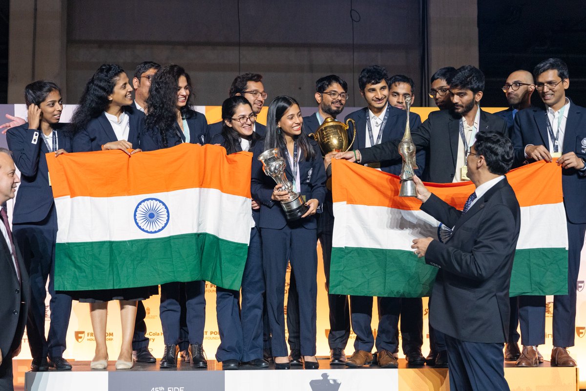 International Chess Federation (@fide_chess) on Twitter photo The 45th #ChessOlympiad officially concluded tonight with the closing ceremony!
Congratulations to the winners ๐ฅ
Open Section ๐
๐ฅ India ๐ฎ๐ณ
๐ฅ United States of America ๐บ๐ธ
๐ฅ Uzbekistan ๐บ๐ฟ
Women's Section ๐
๐ฅ India ๐ฎ๐ณ
๐ฅ Kazakhstan ๐ฐ๐ฟ
๐ฅ United States of America ๐บ๐ธ
๐งต The 45th #ChessOlympiad officially concluded tonight with the closing ceremony!
Congratulations to the winners ๐ฅ
Open Section ๐
๐ฅ India ๐ฎ๐ณ
๐ฅ United States of America ๐บ๐ธ
๐ฅ Uzbekistan ๐บ๐ฟ
Women's Section ๐
๐ฅ India ๐ฎ๐ณ
๐ฅ Kazakhstan ๐ฐ๐ฟ
๐ฅ United States of America ๐บ๐ธ
๐งต