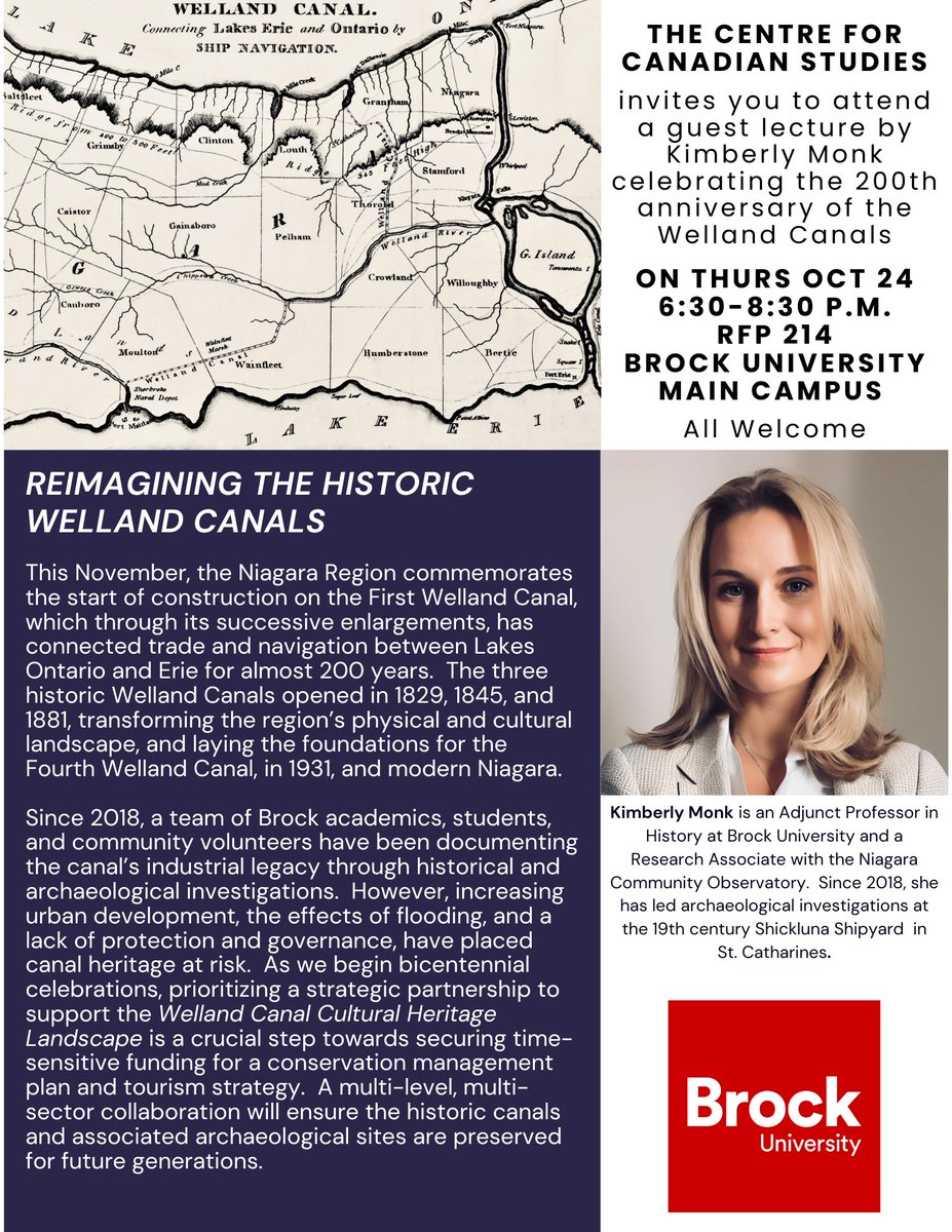 Save the Date: Thursday, October 24th📅

Join us for a lecture by Kimberly Monk, celebrating the 200th anniversary of the Welland Canals! 
#BrockUHistory