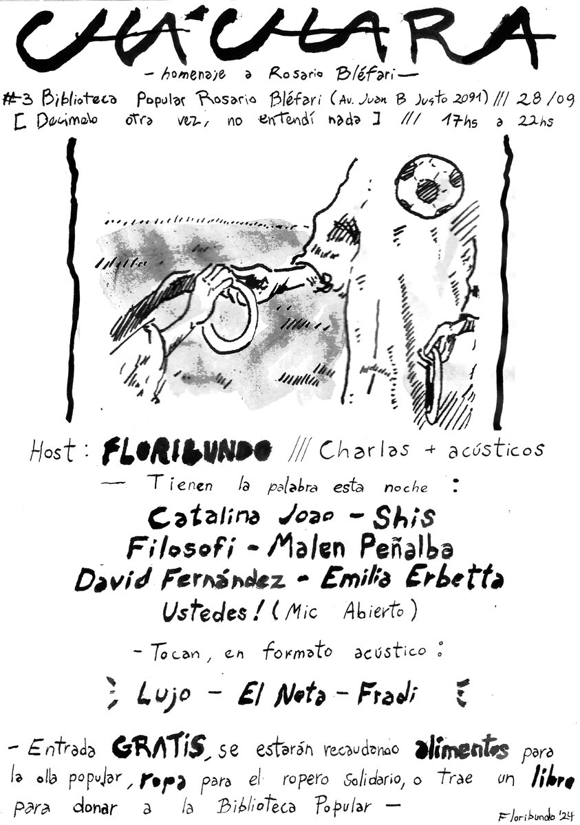 Floribund0's tweet image. Este sábado 28, hay Cháchara Homenaje a Rosario Bléfari, de 17hs a 22hs, Gratis, se reciben Alimentos, Ropa y/o Libros! 🗣

charlan : 
@catalainx  - Shis - @_filosofi_ - Malén Peñalba - @eldeibik  - @emiliaerbetta  - ustedes!

tocan:
@lujobanda  - @NazaretNota  - @Fradi  
📌