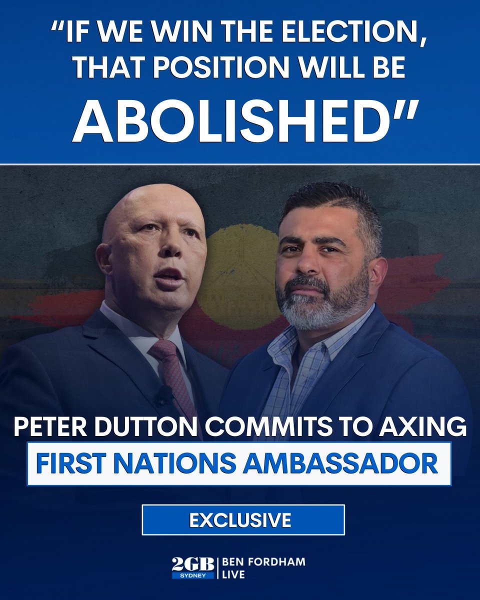 *** EXCLUSIVE***

Peter Dutton has vowed to axe Australia’s ‘First Nations Peoples Ambassador’.

The Opposition leader says  “it’ll be abolished the first day we get into power”.

Mr Dutton says it's a “complete waste of money” during a cost-of-living crisis.

Listen to his